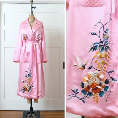 volup vintage Japanese embroidery silk robe • 1960s vivid bubblegum pink bird & floral embroidered loungewear 