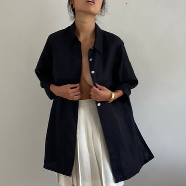 90s linen tunic blouse / vintage black linen oversized long button up tunic blouse | X Large 