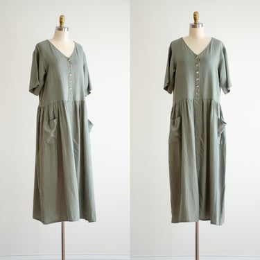 green linen dress 90s vintage Eddie Bauer minimalist loose oversized maxi dress 