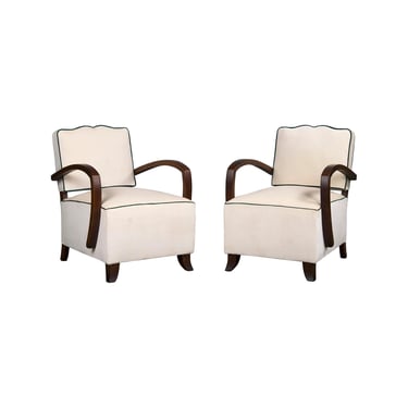 1930s French Art Deco Bridge Arms Maple Club Chairs W/ Cream Velvet - a Pair 