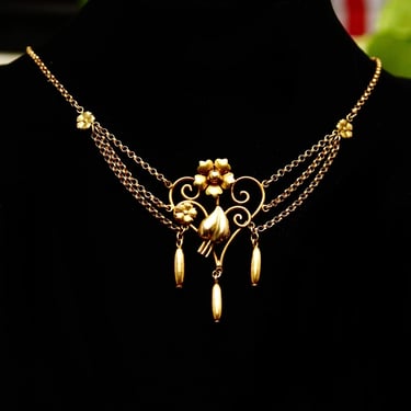 Antique Art Nouveau 12K GF Lavaliere Necklace, Floral Embellished Gold Wire Pendant, Rolo Chain Links, Victorian Necklace, 16 3/4&quot; L 