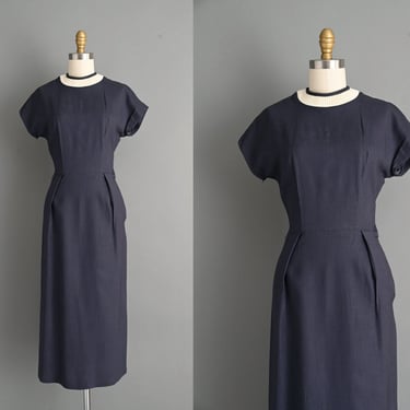 vintage 1950s Navy Blue Linen Dress I Small 