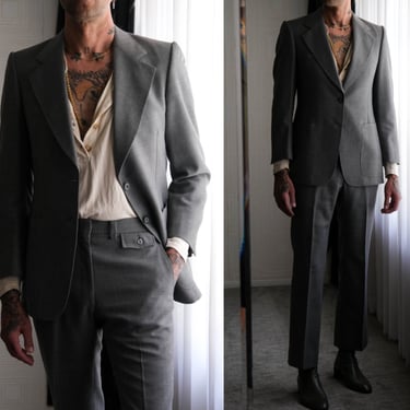 Vintage 70s Christian Dior Paris Gray Crosshatch Wide Lapel Flare Leg Suit | 100% Wool | Made in USA | 1970s DIor Designer HS&M Mens Suit 