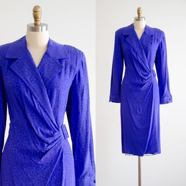 blue silk dress 80s vintage Liz Claiborne long sleeve jacquard wrap dress 