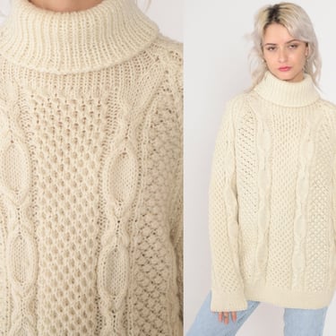 Cream Turtleneck Sweater 90s Wool Cable Knit Sweater Retro Pullover Cableknit Jumper Cozy Turtle Neck Fisherman Chunky Vintage 1990s Large L 