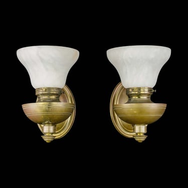 Pair of Restored Traditional Brass 1 Arm Alabaster Shade Wall Sconces