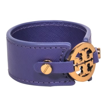 Tory Burch - Purple Leather Cuff w/ Gold Logo Bracelet