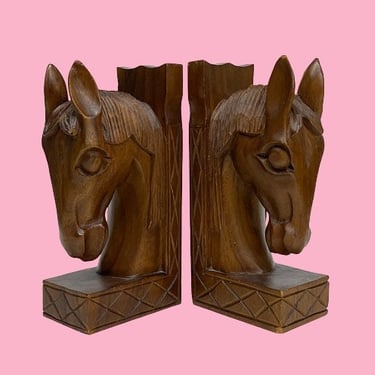 Vintage Horse Head Bookends Retro 1970s Farmhouse + Equestrian + Brown Wood + Carved Detailing + Horses + Animal + Book Storage + Display 