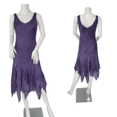 1990's Purple Silk Rayon Rose Embossed Beaded Fairy Dress I Sz Med I Alex Evenings 