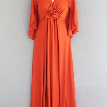 1970s - Burnt Orange - Maxi - Party Dress - Cape - Butterfly Sleeve - Estimated XS 