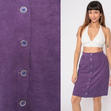 Purple Mini Skirt 80s Exposed Button Up Skirt High Waisted Pencil Skirt Retro Basic Plain Simple Minimalist Summer Vintage 1980s Small S 28 