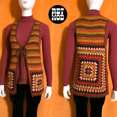 Beautiful Vintage 70s Orange Brown Granny Square Crochet Hippie Vest 