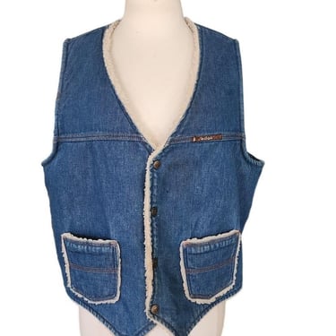 70s Mens Vest Urban Cowboy Blue Denim + Faux Shearling Sedgefield 