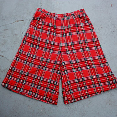 80s Red Plaid Wool Culottes Wide Leg Cropped Pants Long Shorts Size L / XL / 33 Waist 