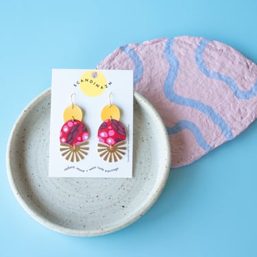 Radial Burst Red Botanicals Earrings - Hand Painted Reclaimed Leather Statement Earrings 