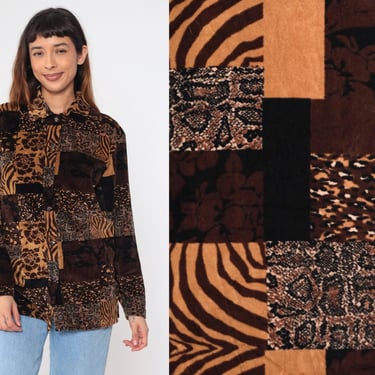 Patchwork Velour Shirt 90s Animal Print Button Up Blouse Brown Long Sleeve Top Leopard Zebra Stripe Floral Vintage Bohemian Oversized Small 