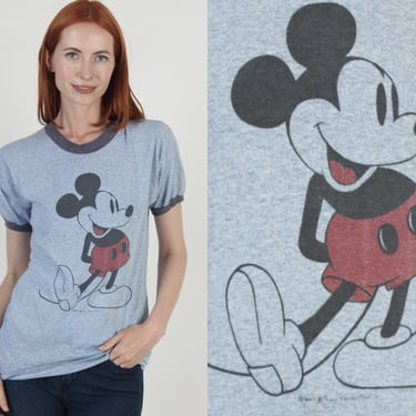 Mickey Mouse T Shirt Heather Blue Mickey Tee Disneyland Cartoon Print Vintage 80s Walt Disney Navy Ringer 50 50 