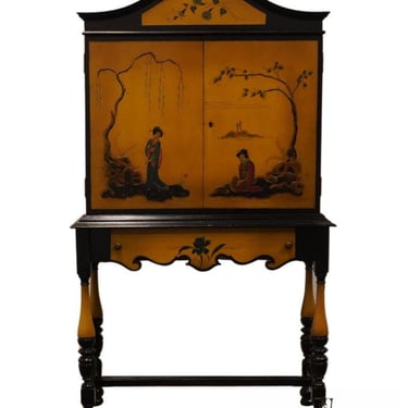 AMFURNOCO American Furniture Novelty Co. Asian Chinoiserie Style 33" Blonde Wood Secretary Cabinet w. Hand Painted Scenes 