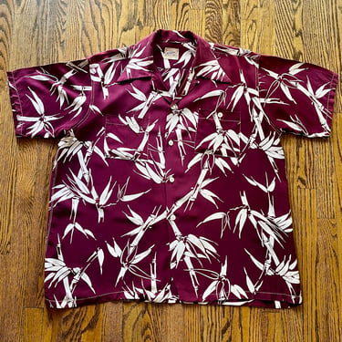 Great Generous Large Late 40s / Early 50s Burgundy Rayon Bamboo Print Hawaiian / Aloha Shirt By National Shirt Shops. 