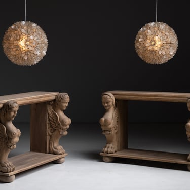 Capiz Shell Pendants / Marble Top Carved Console Tables