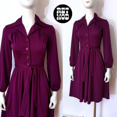 Lovely Deep Dark Purple Fit & Flare Long Sleeve Collared Dress 