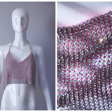 Vintage Y2K Windsor Light Pink Full Rhinestone Chainmail Disco Top with Lace Up Back | retro 90s 1990s 2000s | 