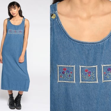 Denim Dress Jean Jumper Midi 90s Grunge Vintage Overall Dress Blue Floral Embroidered Pinafore Low Armhole Sleeveless 1990s Medium to large 