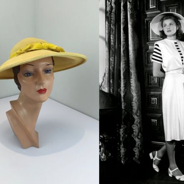 Elsa's Balancing of Love - Vintage 1940s Yellow Straw Wide Brim Sun Hat w/Velvet Bow Trim 
