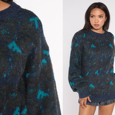 90s Sweater Blue Grey Pullover Knit Sweater Abstract Print Grunge Crewneck Bohemian Knitwear Retro Fall Jumper Acrylic Vintage 1990s Large L 