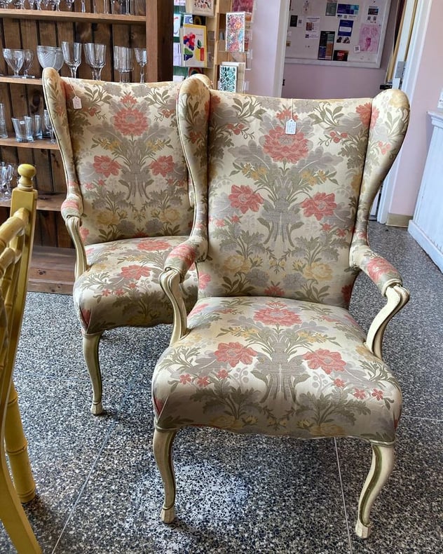 Faux French upholstered chairs. 2 available 24” x 21” x 41.5” seat height 18.5”