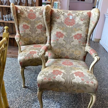 Faux French upholstered chairs. 2 available 24” x 21” x 41.5” seat height 18.5”