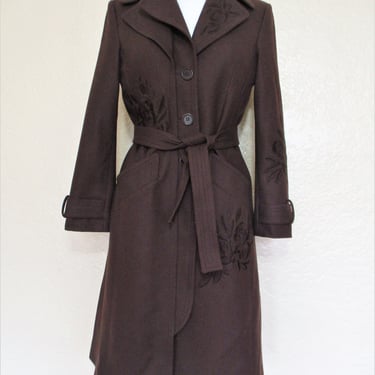 Vintage Trench Coat, 1990s BCBG Max Azria, Small Women, brown embroidered wool 