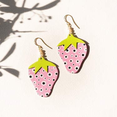 Spotted Strawberry Psychedelic Earrings w/ Freshwater Pearls - Reclaimed Leather Lightweight Statement Earrings 