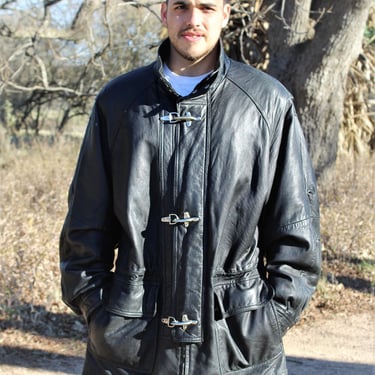 Vintage 1980s Tannery West Black Leather Anorak Jacket, XL Men, quilted lining 