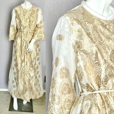 FABULOUS Caftan Dressing Gown, Gold Lurex Metallic, Brocade Sheer Overlay Robe, Hong Kong, Vintage 60s 70s 