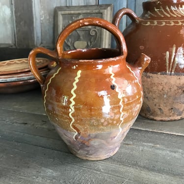 French Pottery Jug, Val de Saône, Cruche, Rustic Terracotta, Redware Green Slip Glaze, French Farmhouse, Farm Table, With Damage 