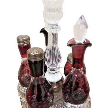 Vintage Ruby Red Etched Cranberry Glass Cruet Set With Crystal Base 