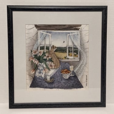 Signed & Framed Jane Witheridge Painting Cat Window Sitting 14x15 