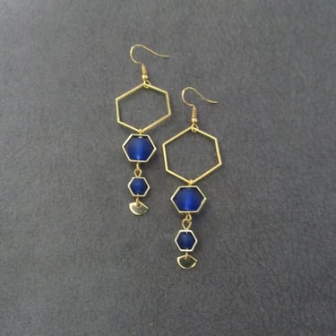 Royal blue frosted glass and gold hexagon earrings 