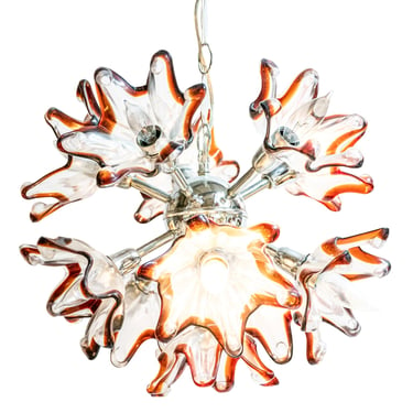 Circa 1960 Murano Chandelier with Tulip Flowers and Amber Edges