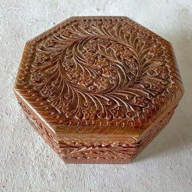 Vintage Carved Wood Octagonal Jewelry Box, Hand Carved Wooden Trinket Box, Wooden Box with Hinged Lid 