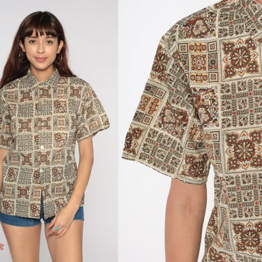 Psychedelic Shirt Hippie Blouse Geometric Print 60s Top Bohemian Shirt 1960s Short Sleeve Button Up Boho Brown Cream Leaf Print Medium 