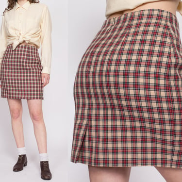 90s Plaid Mini Pencil Skirt - Medium, 28" | Vintage High Waisted Fitted Preppy Schoolgirl Miniskirt 