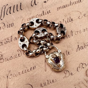 AS FOUND Antique Early Victorian 9K Gold Engraved Garnet Locket Padlock Bracelet 