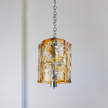 Large vintage Murano glass ceiling lamp by Toni Zuccheri for Mazzega – Italy 1970s - Clear and orange glass, chrome – MCM chandelier 