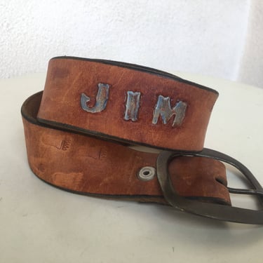 Vintage hipster tan leather belt for JIM plus Bear paw prints engraved  on leather  fits 26"-34.5" 