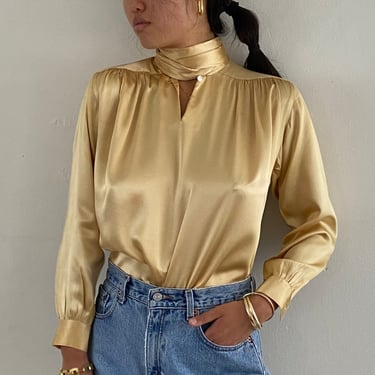 90s silk charmeuse blouse / vintage Ellen Tracy gold liquid silk charmeuse pussy bow ascot blouse | Medium 