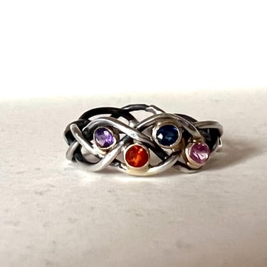 Braided Custom Handmade Mother's Ring Family Birthstone Ring in Sterling Silver and 14k Gold 