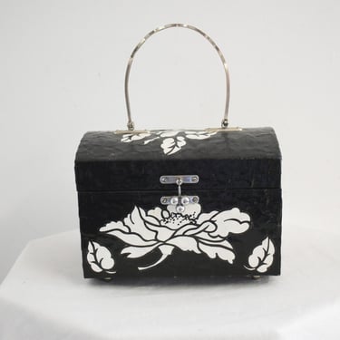 1960s/70s Black and White Floral Decoupage Wooden Box Purse 