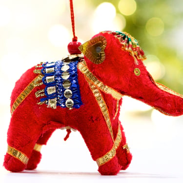 VINTAGE: India Folk Art Fabric Elephant Ornament - Pink Elephant - Colorful Dangle - Handmade - Good Luck - SKU 